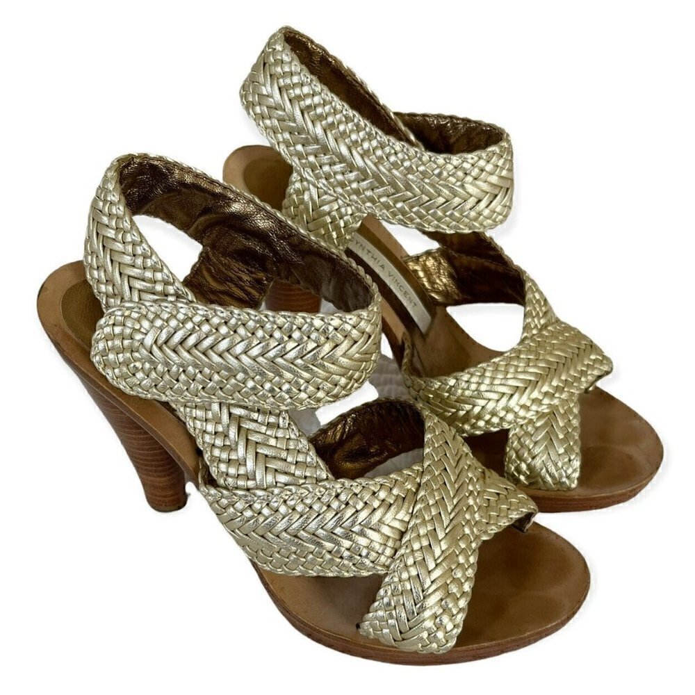 Cynthia Vincent Gold Woven Strappy Heel Platform Sandals Women's Sz 6.5